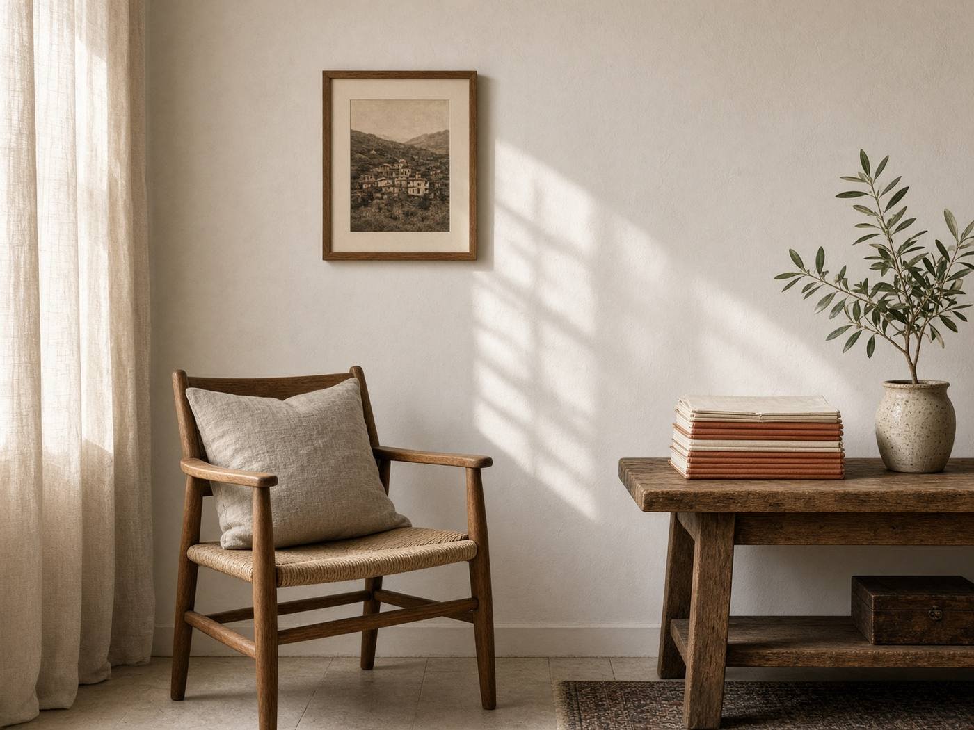 Studio di casa con una pila di manuali dalle coste terracotta.