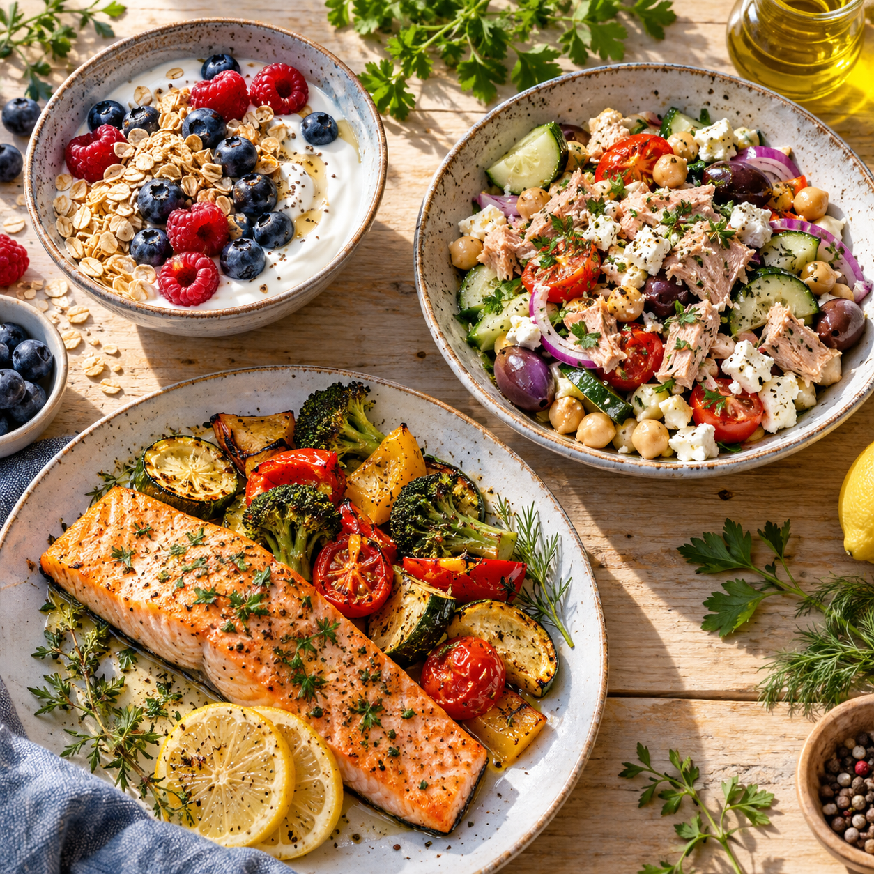 Yogurt con frutti di bosco, insalata mediterranea e salmone al forno