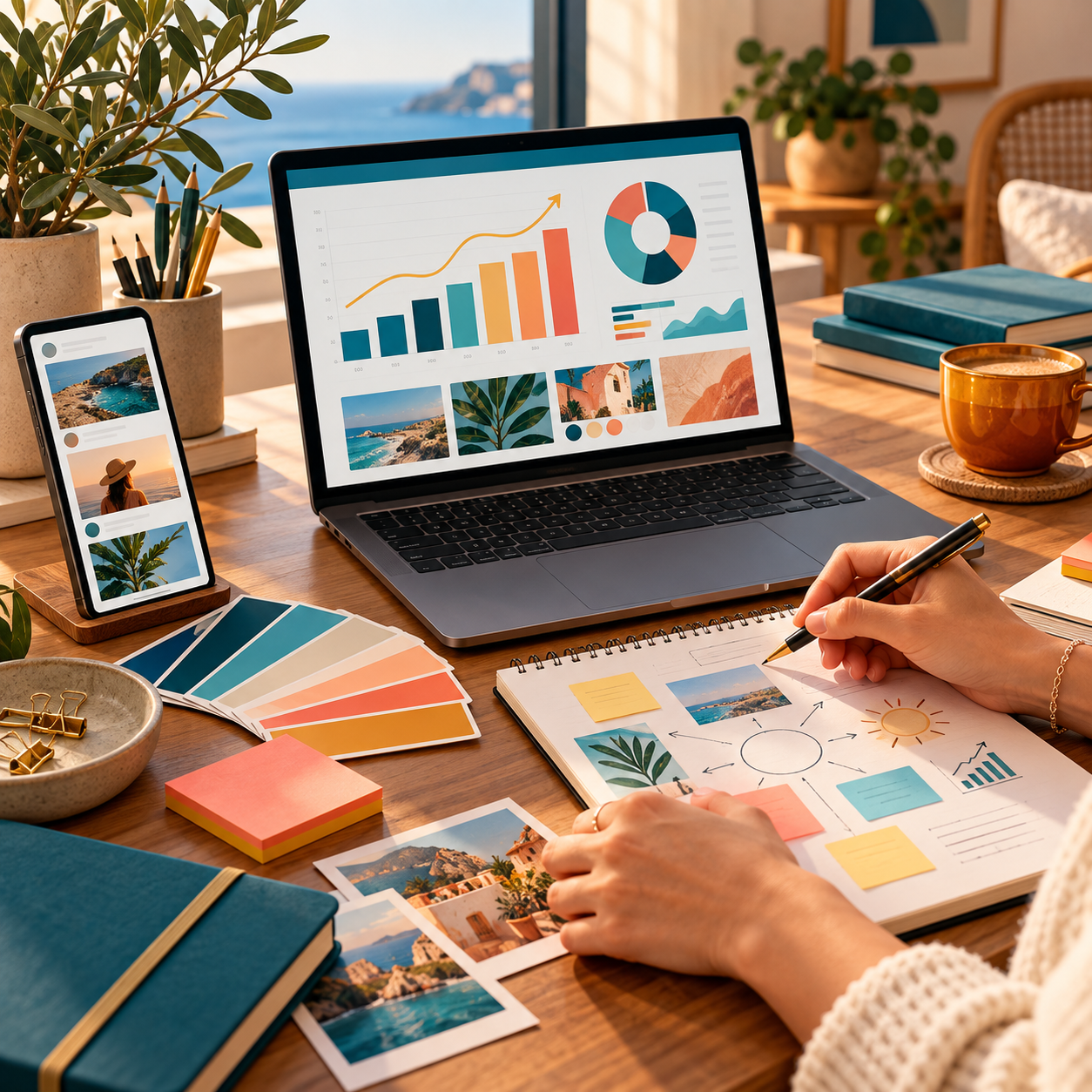 Scrivania con computer e piano dei contenuti per il marketing digitale