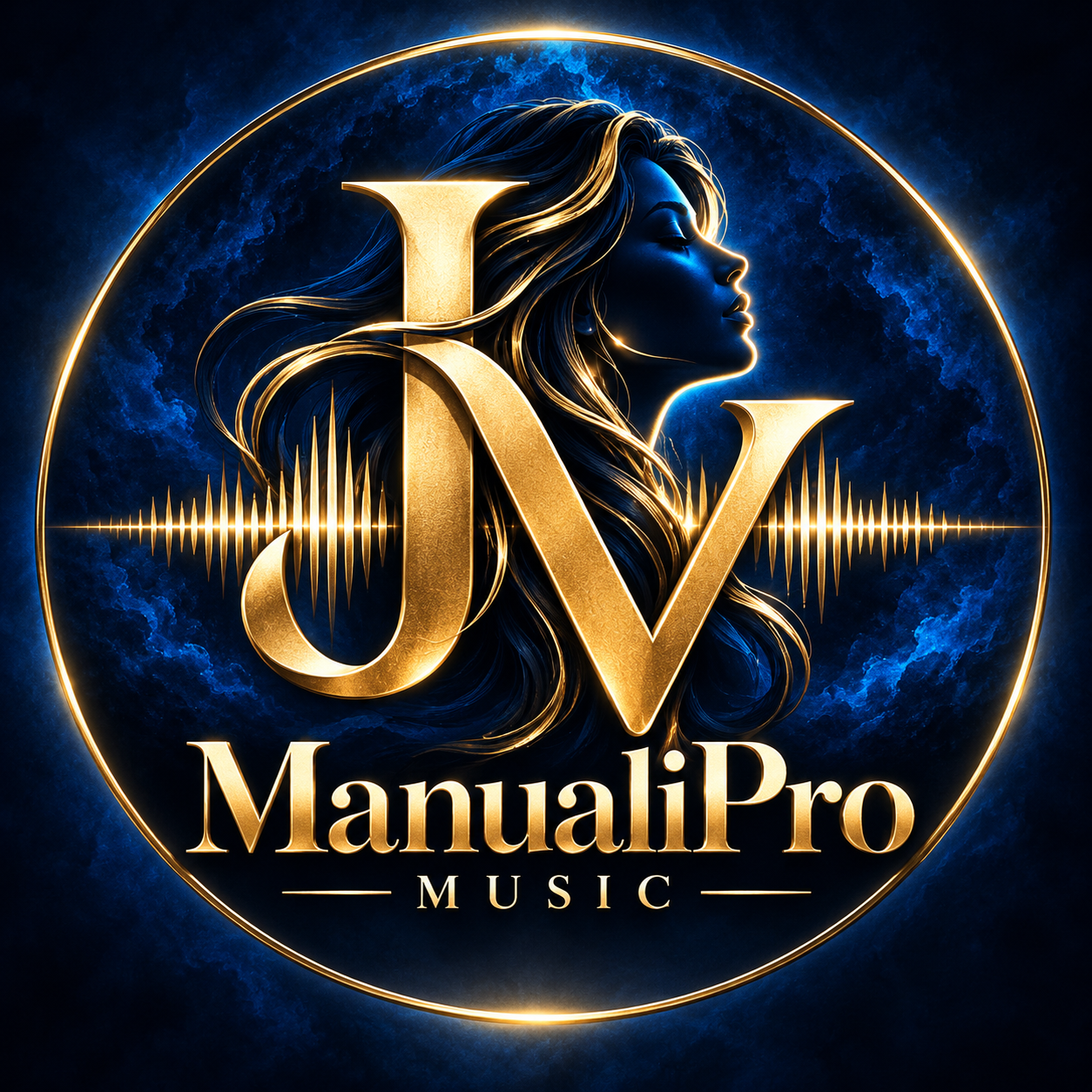 Logo ManualiPro Music con monogramma JV dorato su fondo blu