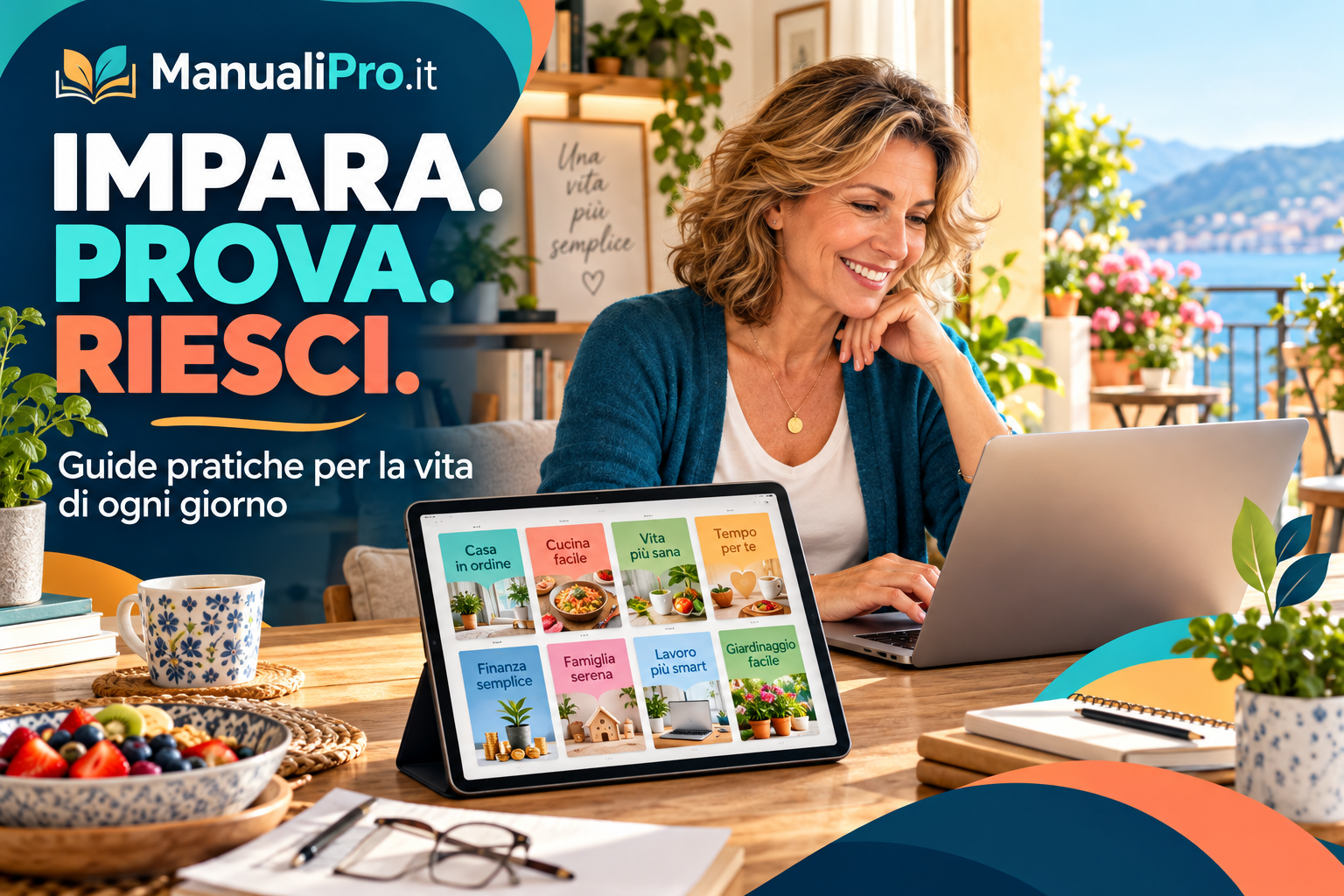 Donna che studia una guida pratica al computer e consulta manuali sul tablet